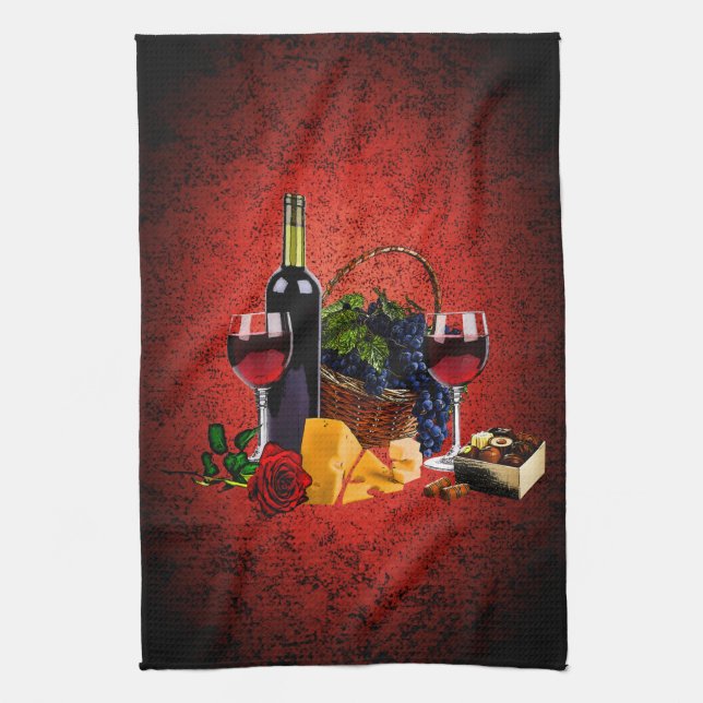 Vinexponeringsglas, flaska, druvor, ost, choklader kökshandduk (Vertikal)