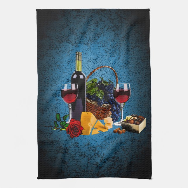 Vinexponeringsglas, flaska, druvor, ost, choklader kökshandduk (Vertikal)