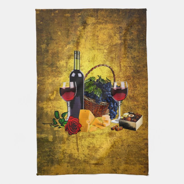 Vinexponeringsglas, flaska, druvor, ost, kökshandduk (Vertikal)