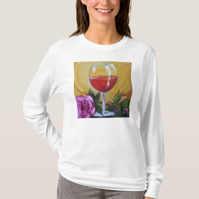 Vinexponeringsglas & rosa rosdamlångärmad t shirt (Framsida)