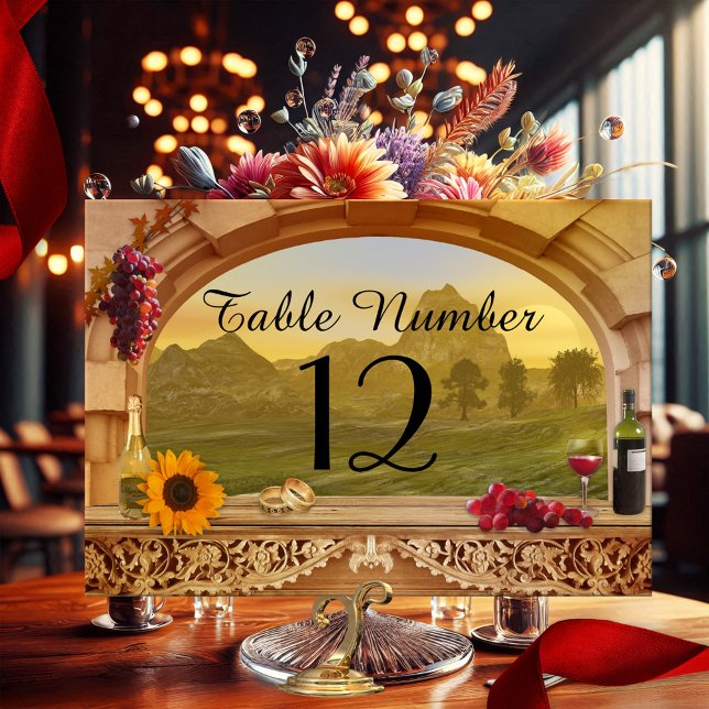 Vineyard Bröllop Bordsnummer Card (Festive wedding table number card with a classic Italian scene with a wine theme and a sunflower)