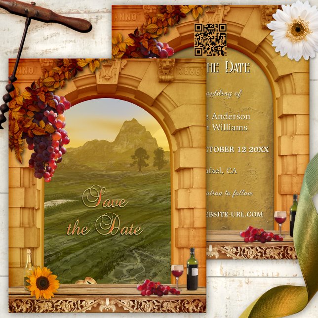 Vineyard Bröllop spara datum Meddelande (Italian Save the Date card with classic Roman arch and grapes with red wine - with QR code template)