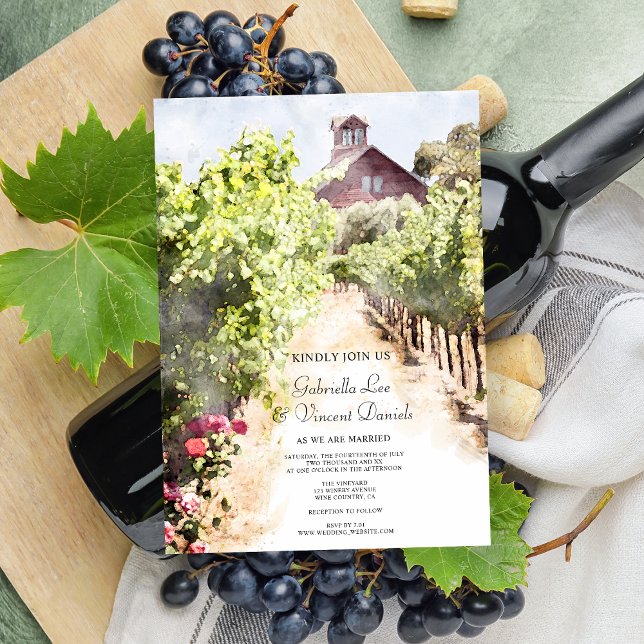 Vineyard och Red Barn Watercolor Bröllop Inbjudningar (Pair with the matching rsvp cards to create a coordinated stationery set for your winery wedding.)