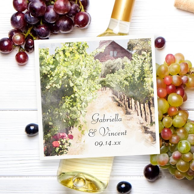 Vineyard och Red Barn Watercolor Bröllop Pappersservett (Perfect inspo for your vineyard marriage reception cocktail hour or winery bridal shower.)