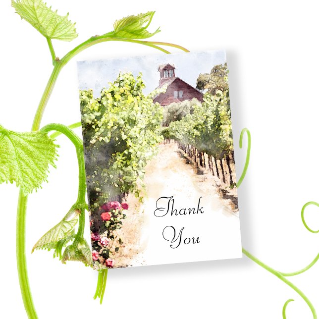 Vineyard och Red Barn Watercolor Bröllop Tack (Say thanks after your winery wedding or shower with the Vineyard and Red Barn Thank You Note Card.)