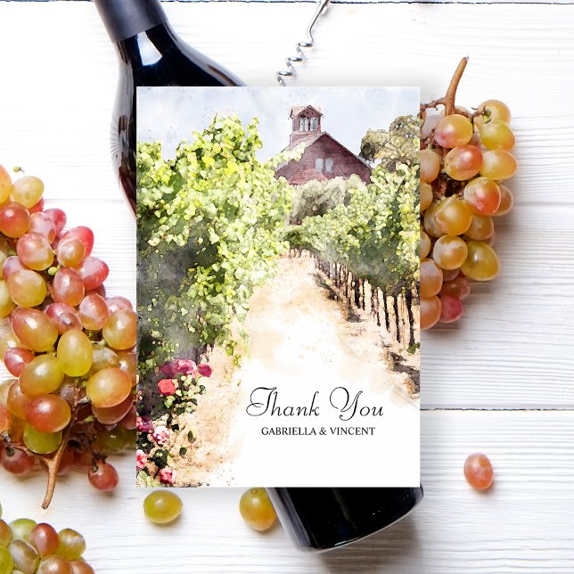 Vineyard och Red Barn Watercolor Bröllop Tack Kort (Say thanks after your winery wedding or shower with the Vineyard and Red Barn Thank You Note Card.)