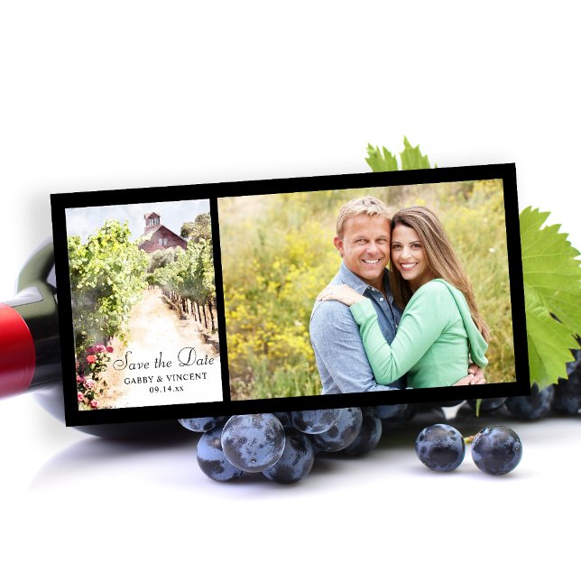 Vineyard Red Barn Watercolor Bröllop spara datum Datumet (Set the tone for your winery marriage with the rustic Vineyard and Barn Watercolor Save the Date.)