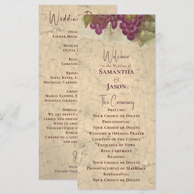 Vineyard Wedding Elegant Rustic Watercolor Program (Fram/baksida)