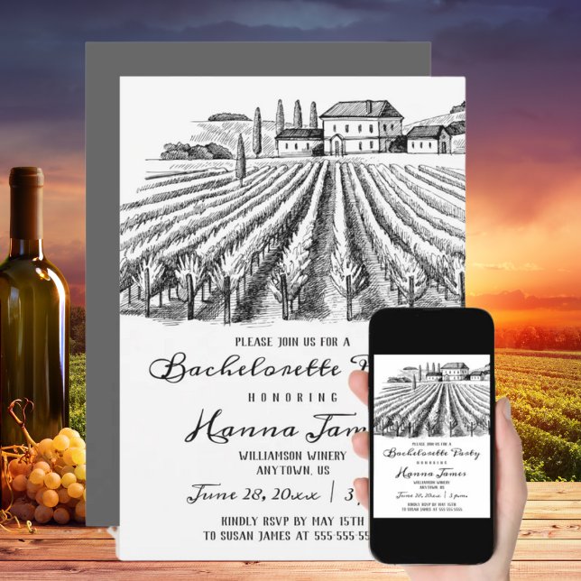 Vineyard Winery Rustic Sketch Bachelorette Party Inbjudningar (Skapare uppladdad)