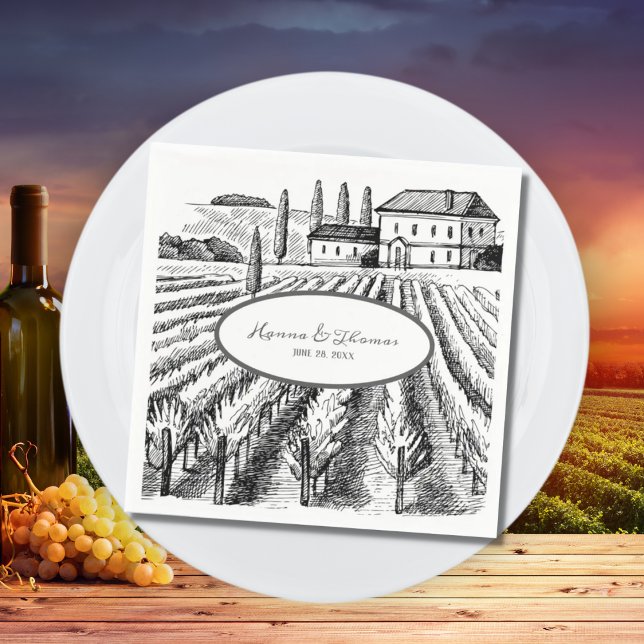 Vineyard Winery Rustic Sketch Wedding Pappersservett (Skapare uppladdad)