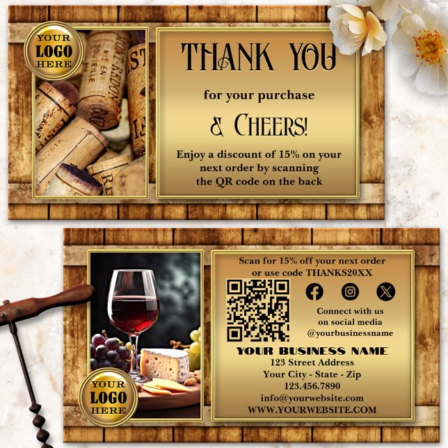 Vineyard Winery Vin Seller Photo Tack Visitkort (Thank you for your order business card featuring your custom photos on a wine barrel background)