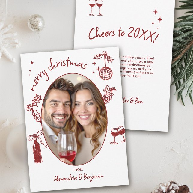 Vinfläkt handritad nyckfull fotofirande julkort (wine lover holiday christmas photo card drinks hand drawn winery friendsmas)