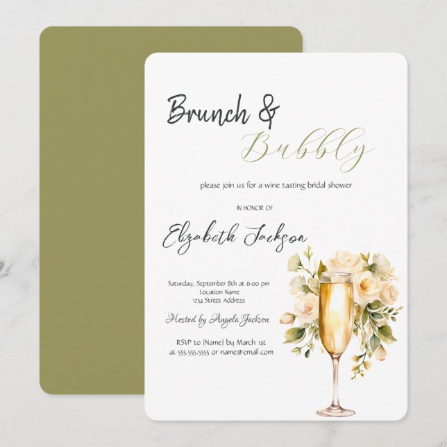 Vinflaska Glas Blomma Grön Brunch & Bubbly Inbjudningar (Fram/baksida)