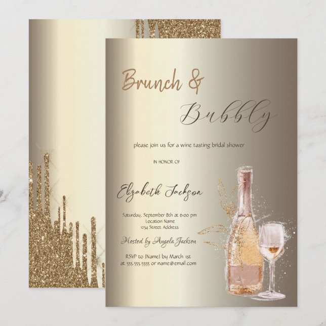 Vinflaska Glas Champagne Bröllopsdusch Inbjudningar (Fram/baksida)