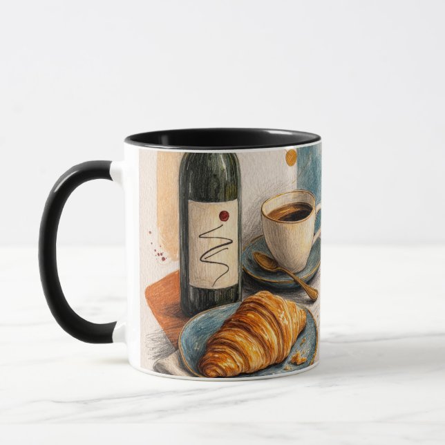 Vinflaska, Kaffe och Croissant Väggkonsttryck Mugg (Vänster)