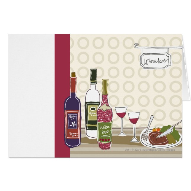 Vinflaskor med wineglasses på bord hälsningskort (Framsidan Horizontal)