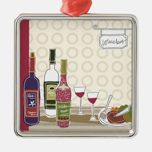 Vinflaskor med wineglasses på bord julgransprydnad metall (Framsidan)