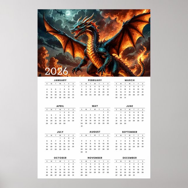 Vingar av eld: 2026 Myttisk Drakkalender Poster (Framsidan)
