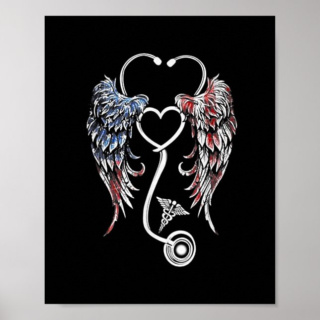 Vingar Heart Nurse Stethoscope American Flagga Poster (Framsidan)