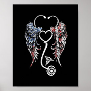 Vingar Heart Nurse Stethoscope American Flagga Poster