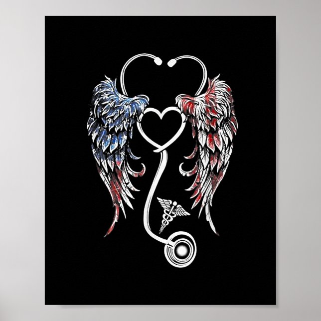 Vingar Heart Nurse Stethoscope American Flagga Poster (Framsidan)