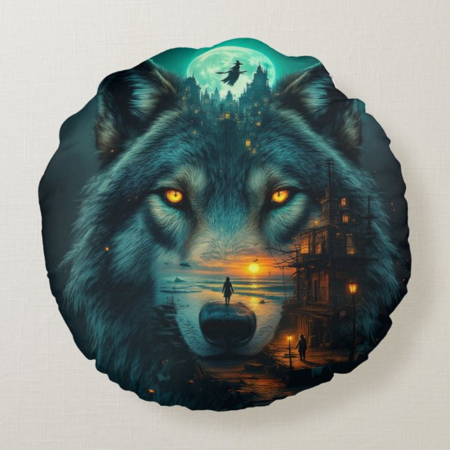 Vingar och Varg av guldhonung Rund Kudde (Baksidan)