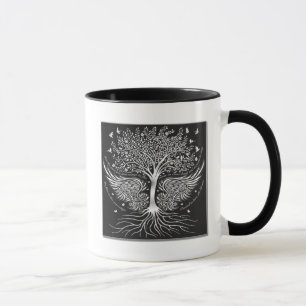 Vingar som flyger, och träd med rotar kaffemuggen mugg