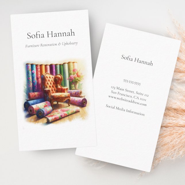 Vingback-stol och väv, möbelrestaurering visitkort (Charming wingback chair illustration for upholstery and restoration businesses.)