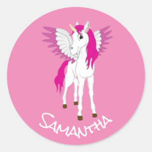 Vinge Unicorn Party Rosa Classic Round Sticker Runt Klistermärke
