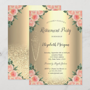 Vinglas Guld Glitter Bokeh Rosor Pensionering Inbjudningar