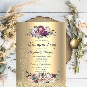 Vinglas Guld Glitter Tropiska Blommor Pensionär Inbjudningar