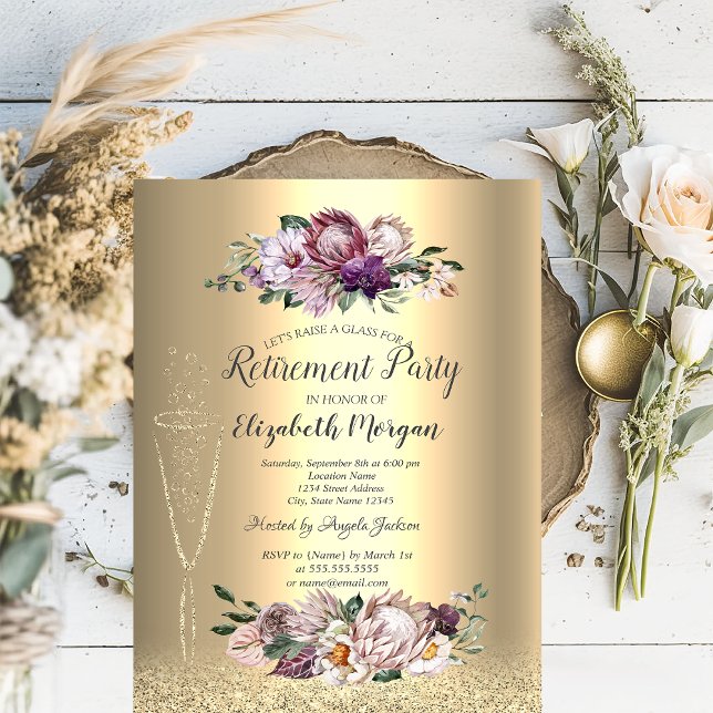 Vinglas Guld Glitter Tropiska Blommor Pensionär Inbjudningar (Skapare uppladdad)