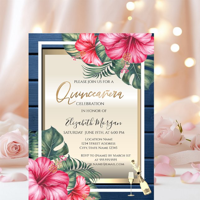 Vinglas, Hibiskus Blå Trä Quinceanera Inbjudningar (Skapare uppladdad)