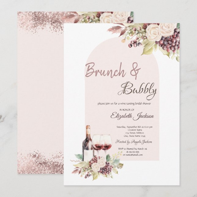 Vingrädor  Boho Blommor Brunch & Bubbly Inbjudningar (Fram/baksida)