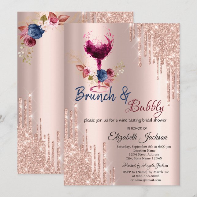 Vinkalas, dropar Brunch & Bubbly Bröllopsdusch Inbjudningar (Fram/baksida)