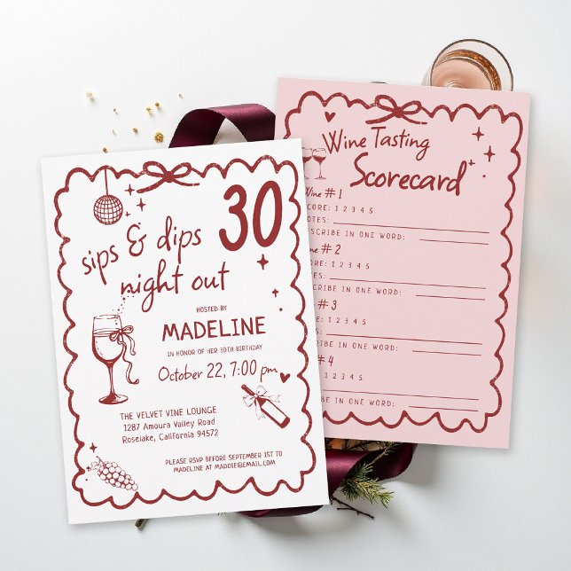 Vinkällare Natt Ut Vintasting Chic 30-årsfirande Inbjudningar (winery birthday invitation wine tasting scorecard red burgundy pink napa sonoma country)