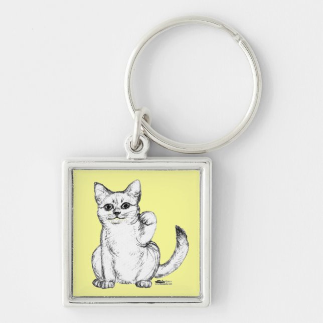 Vinkande Kitty Cat Maneki Neko Fyrkantig Silverfärgad Nyckelring (Framsidan)