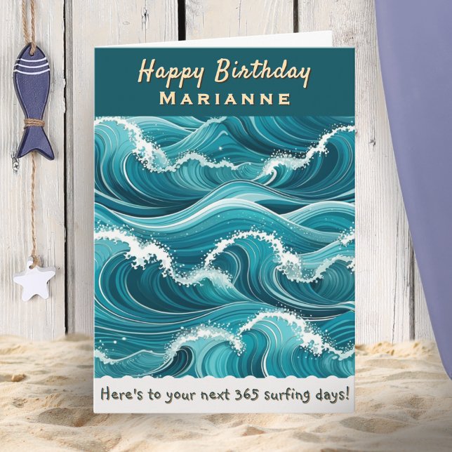 Vinkart havsytans eget namn Grattis på födelsedage Kort (A personalized birthday card for a keen surfer, with turquoise ocean waves design)