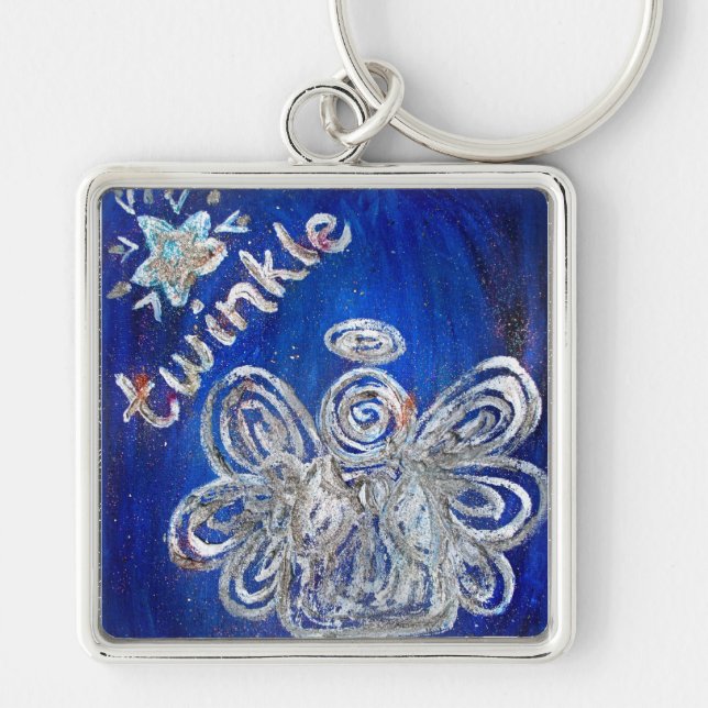 Vinkle Angel Keychain Fyrkantig Silverfärgad Nyckelring (Framsidan)