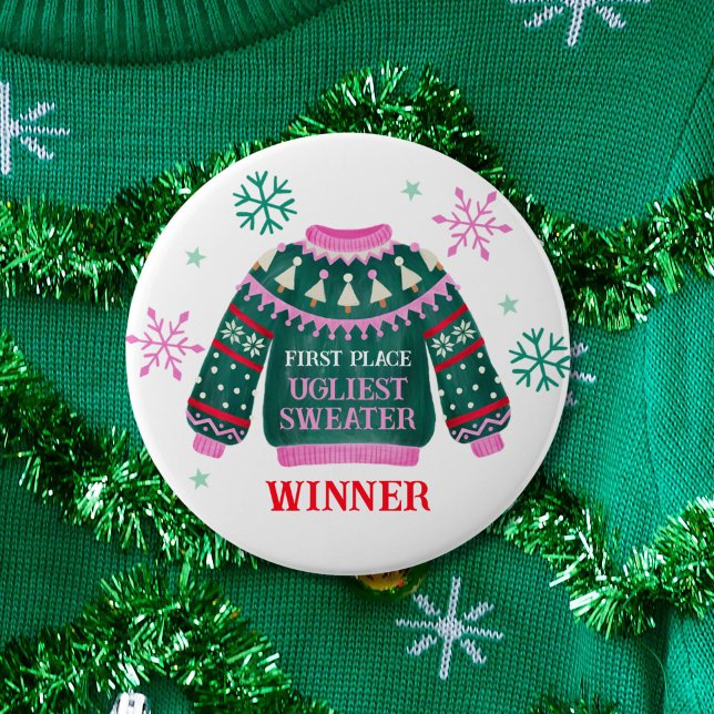 Vinnare i Uganda Party 1:a Ställe Tävling Knapp (Ugly Sweater Party 1st Place Contest Winner Button)