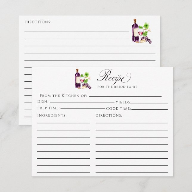 Vino Before Vows Recipe Card Bridal Shower Insert Tilläggskort (Fram/baksida)