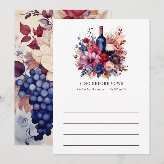 Vino före löften Blommig vin Bröllopsdusch Rådkort (Fram/baksida)
