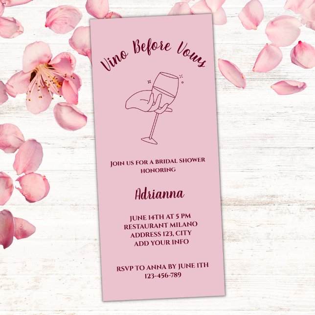 Vino Före Vows-Elegant  Rosa Möhippa Inbjudningar (vino before vows bridal shower invitation blush pink burgundy red wine glass elegant bridal party)