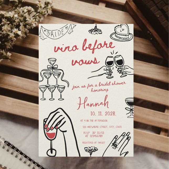 Vino före Vows Hand plockade Red Möhippa Inbjudningar (Vino Before Vows Hand Drawn Bold Black & Red On cloud Wine Bridal Shower Brunch Whimsical Invitation)