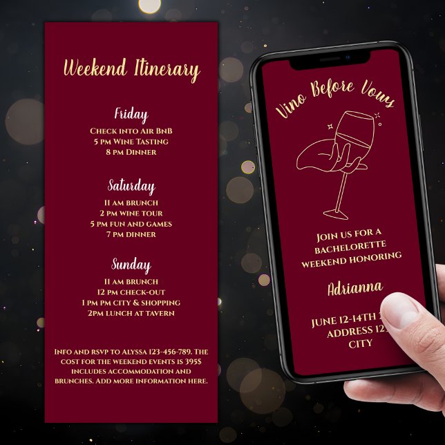 Vino Före Vows Vin Bachelorette Helg Inbjudningar (Vino Before Vows Wine Bachelorette Weekend Invitation Burgundy And Gold  Elegant Wine Glass )