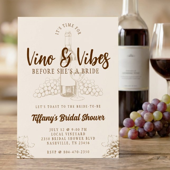 Vino & Vibes Brun Bröllopsdusch Inbjudningar (Skapare uppladdad)