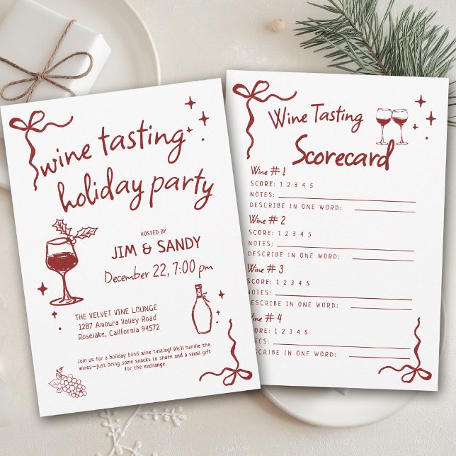 Vinprovningsfirande Julfest Whimsical Julfirande Inbjudningar (wine tasting holiday party drinks hand drawn winery game charcuterie friendsmas blind christmas )