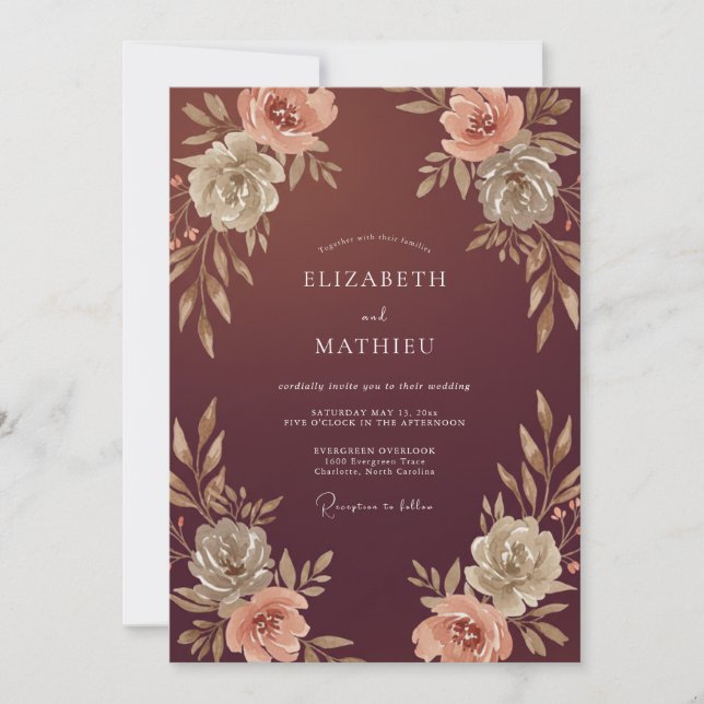 Vinröd Beige Bladrik Bröllop Inbjudningar (Framsida)
