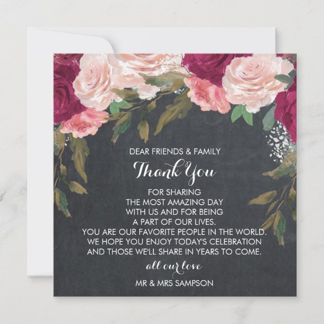 vinröd blomsterbröllop tack reception kort (Framsida)