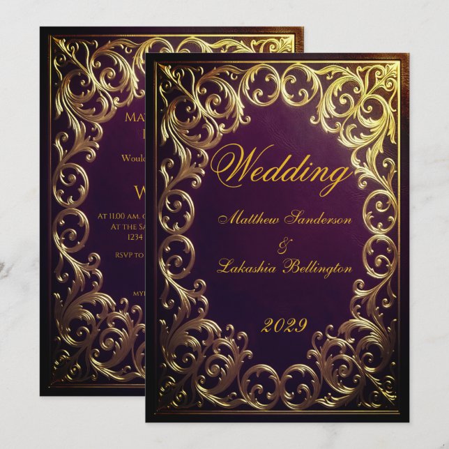  Vinröd Guld Bröllop Klassiskt Äktenskap  Inbjudningar (Fram/baksida)